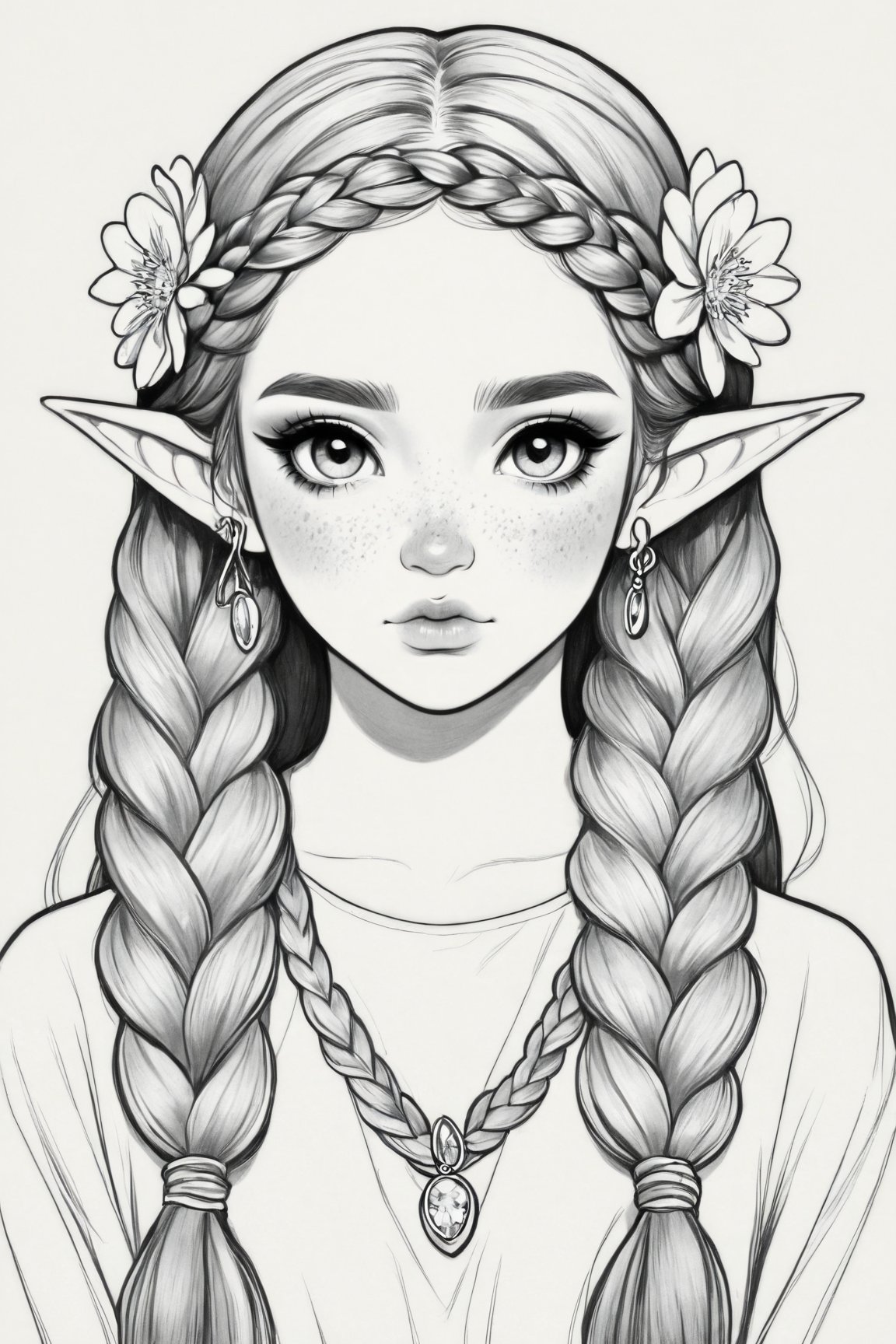 Manga style illustration, line art, pencil art, 1girl,solo,long hair,looking at viewer,simple background,white background,jewelry,closed mouth,monochrome,upper body,braid,flower,greyscale,pointy ears,twin braids,lips,petals,eyelashes,elf,freckles,head wreath