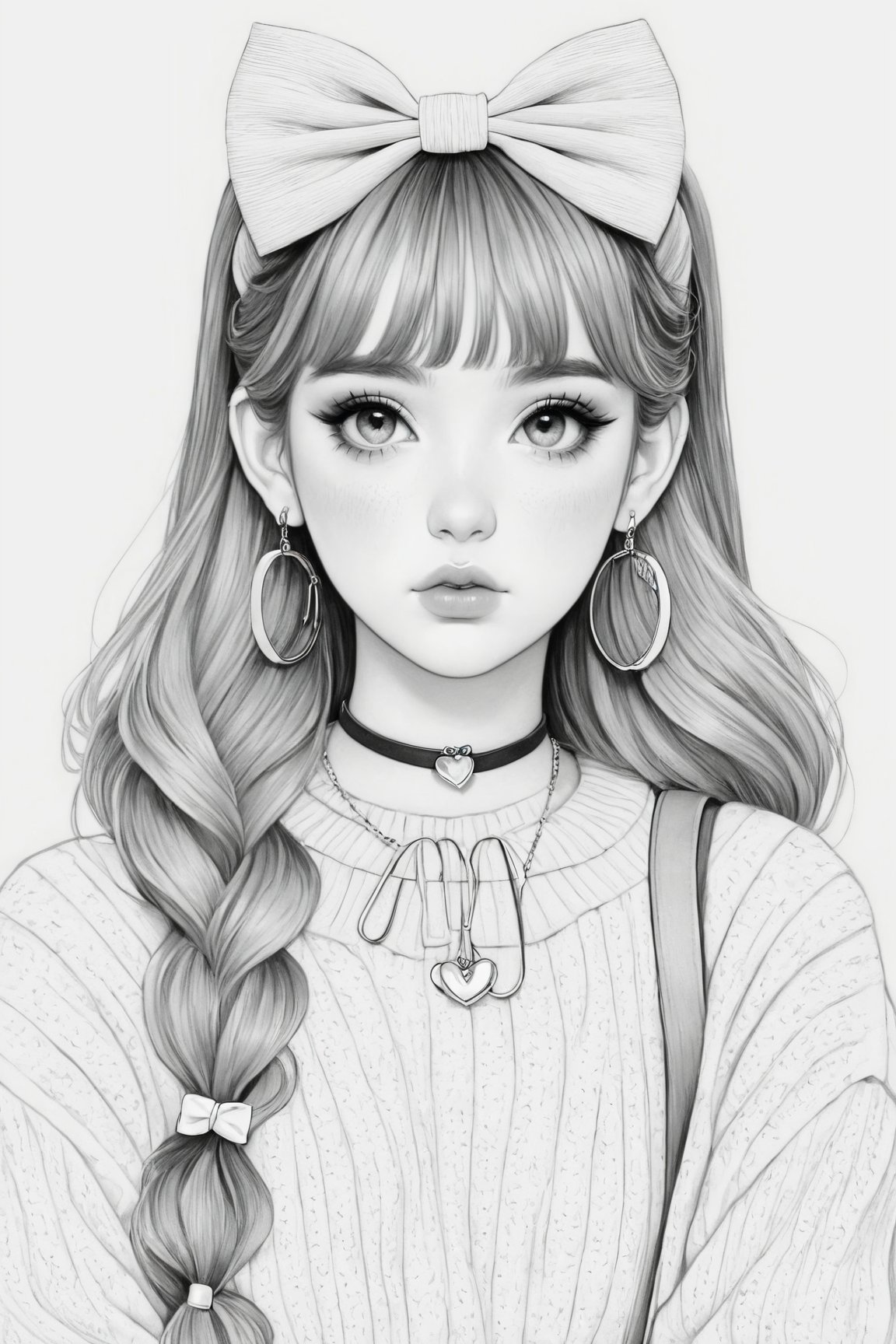 Manga style illustration, line art, pencil art, 1girl,solo,long hair,looking at viewer,blush,bangs,simple background,long sleeves,white background,bow,jewelry,closed mouth,monochrome,upper body,hair bow,greyscale,heart,hairband,earrings,choker,belt,bag,sweater,border,backpack,hoop earrings,heart earrings,heart choker