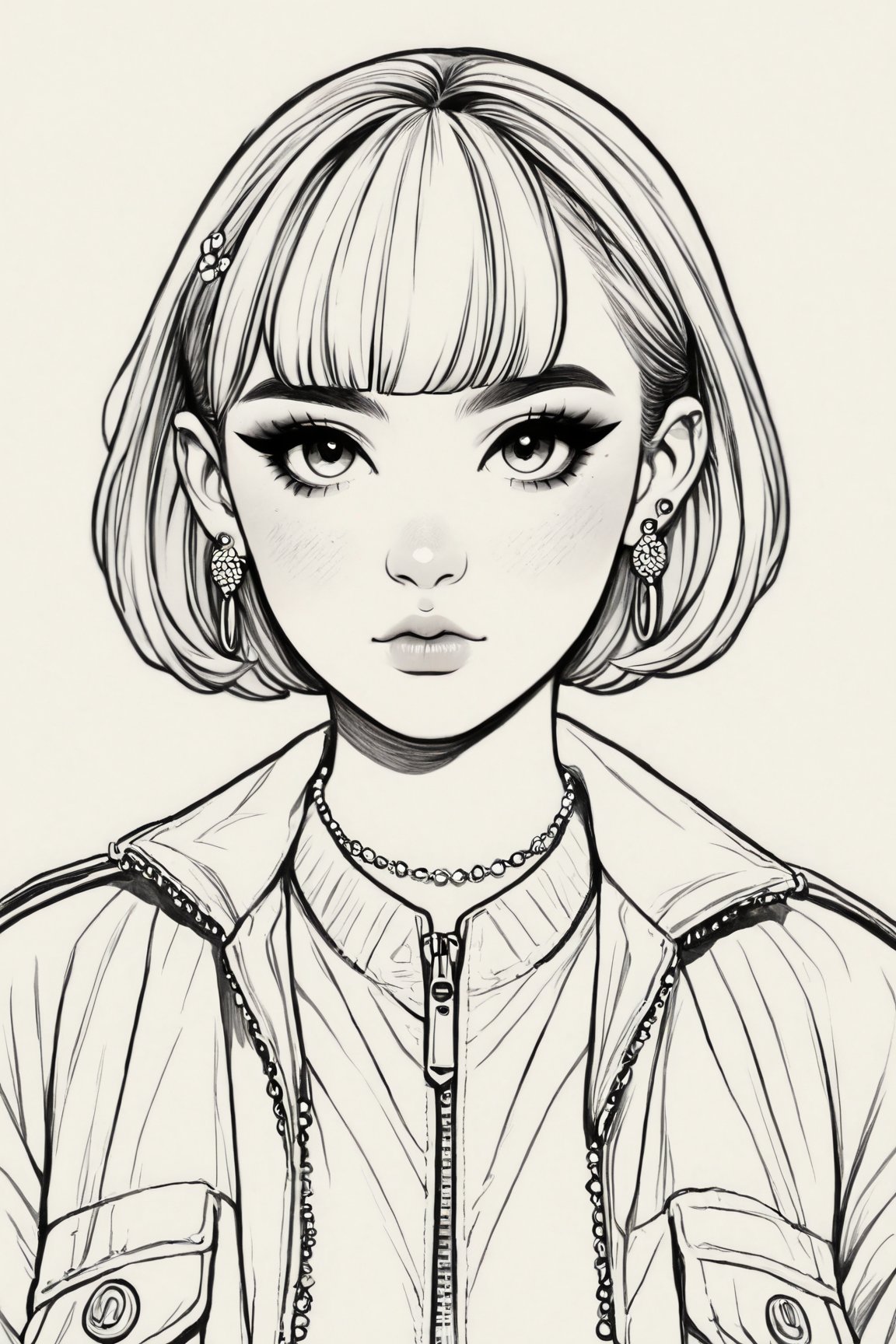 Manga style illustration, line art, pencil art, 1girl,solo,looking at viewer,short hair,bangs,simple background,hair ornament,white background,jewelry,closed mouth,jacket,monochrome,upper body,earrings,pointy ears,blunt bangs,facial mark,piercing,border,cross,ear piercing,zipper,hands in pockets,short eyebrows,zipper pull tab