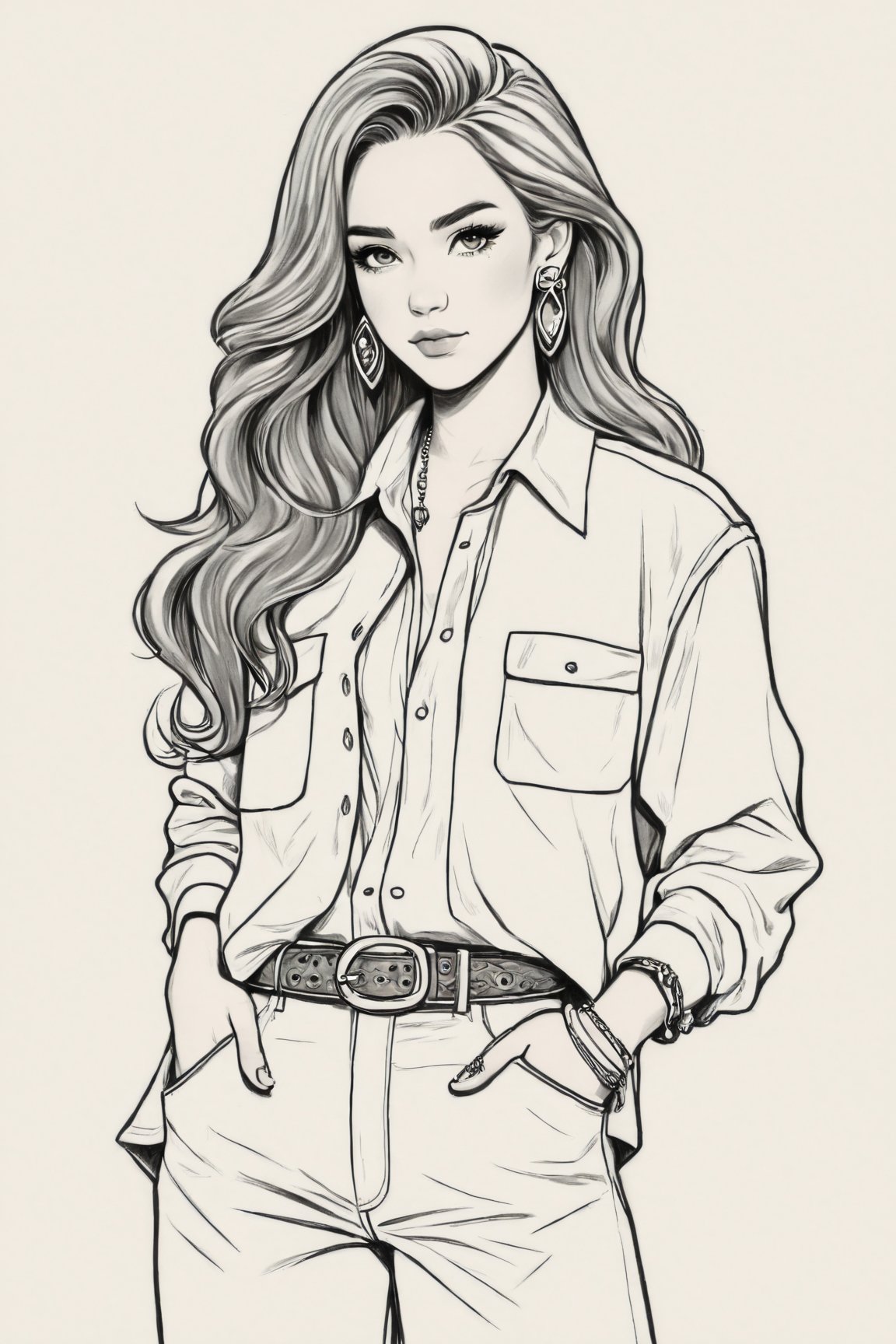 Manga style illustration, line art, pencil art, 1girl,solo,long hair,looking at viewer,blush,simple background,shirt,long sleeves,white background,jewelry,closed mouth,jacket,monochrome,greyscale,cowboy shot,earrings,open clothes,belt,pants,open jacket,wavy hair,border,forehead,pocket,hand in pocket,hoop earrings,hands in pockets,shirt tucked in