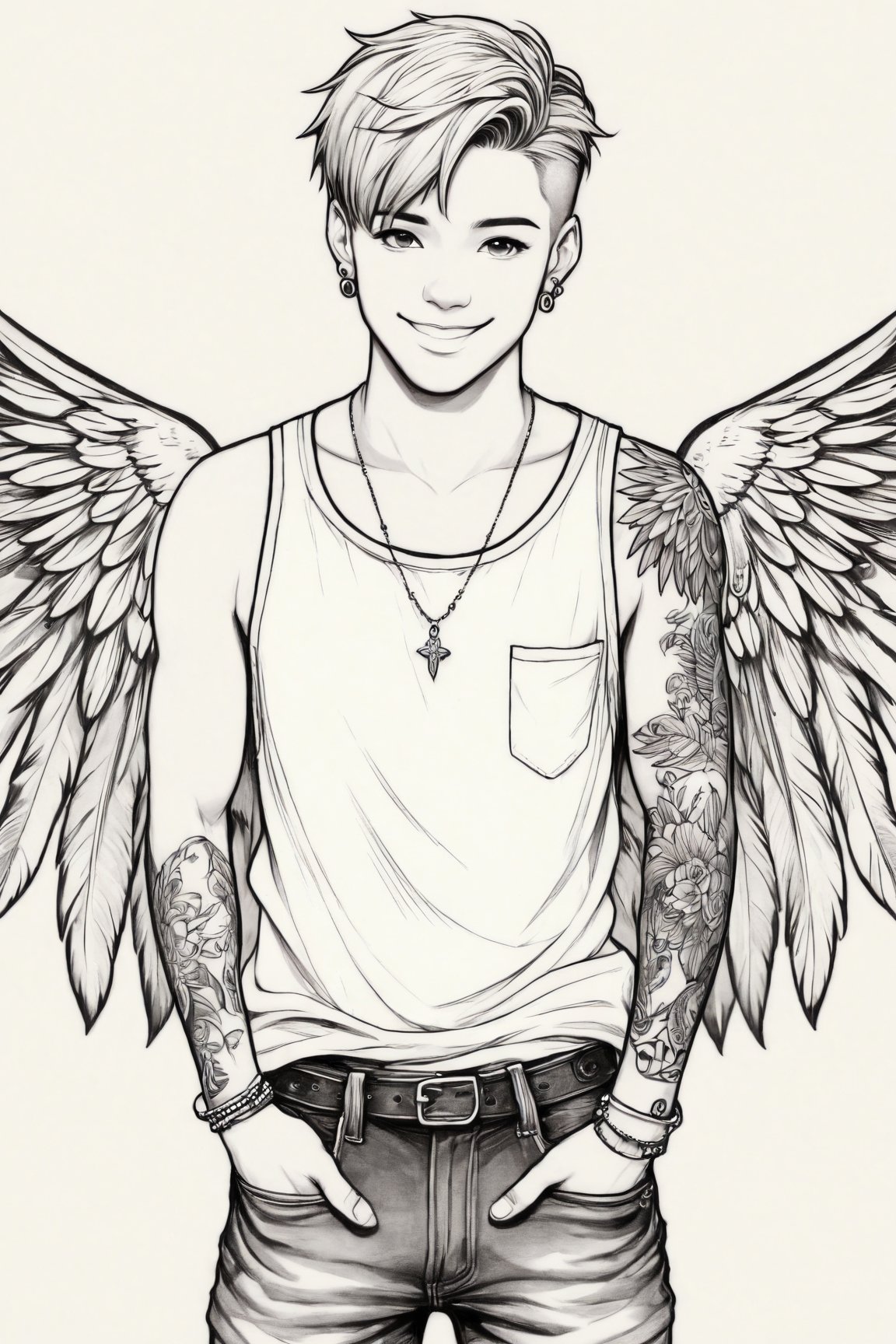 Manga style illustration, line art, pencil art, solo,looking at viewer,smile,short hair,simple background,1boy,white background,navel,bare shoulders,jewelry,closed mouth,standing,collarbone,monochrome,male focus,cowboy shot,earrings,wings,pants,necklace,bracelet,tattoo,piercing,border,tank top,cross,ear piercing,feathered wings,hand in pocket,hands in pockets,arm tattoo