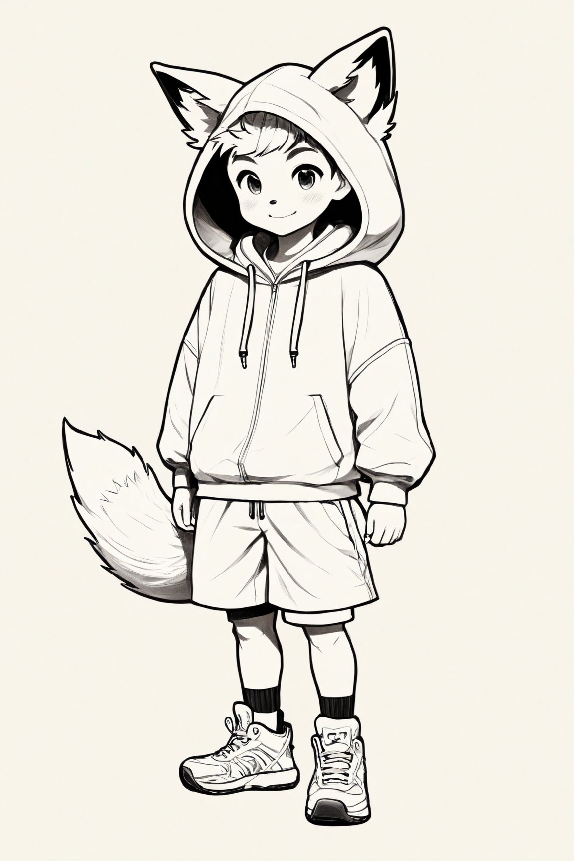 Manga style illustration, line art, pencil art, solo,looking at viewer,blush,smile,short hair,simple background,long sleeves,1boy,white background,animal ears,tail,monochrome,full body,male focus,shoes,shorts,hood,animal ear fluff,sleeves past wrists,fox ears,hoodie,:3,fox tail,sneakers,fox boy