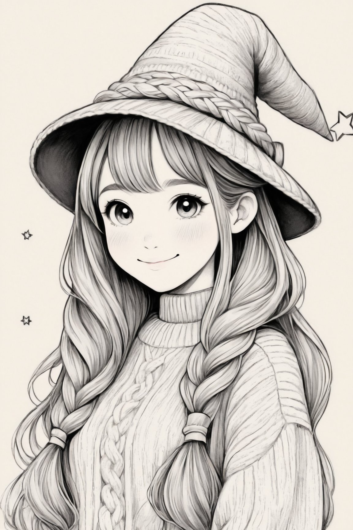 Manga style illustration, line art, pencil art, 1girl,solo,long hair,looking at viewer,blush,smile,bangs,simple background,long sleeves,hat,white background,bow,closed mouth,monochrome,upper body,braid,greyscale,pointy ears,star (symbol),sweater,witch hat,:3,hat bow,puffy long sleeves