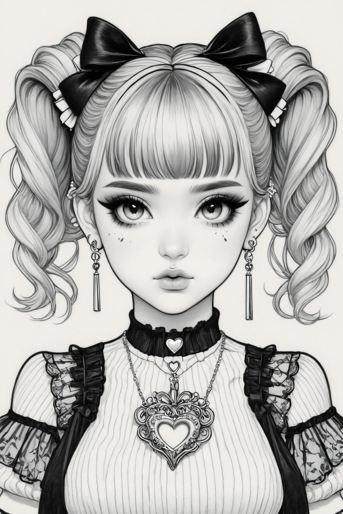 Manga style illustration, line art, pencil art, 1girl,solo,looking at viewer,bangs,simple background,white background,bow,twintails,jewelry,monochrome,upper body,hair bow,greyscale,heart,earrings,frills,choker,blunt bangs,eyelashes,piercing,ear piercing,spikes,heart earrings,gothic