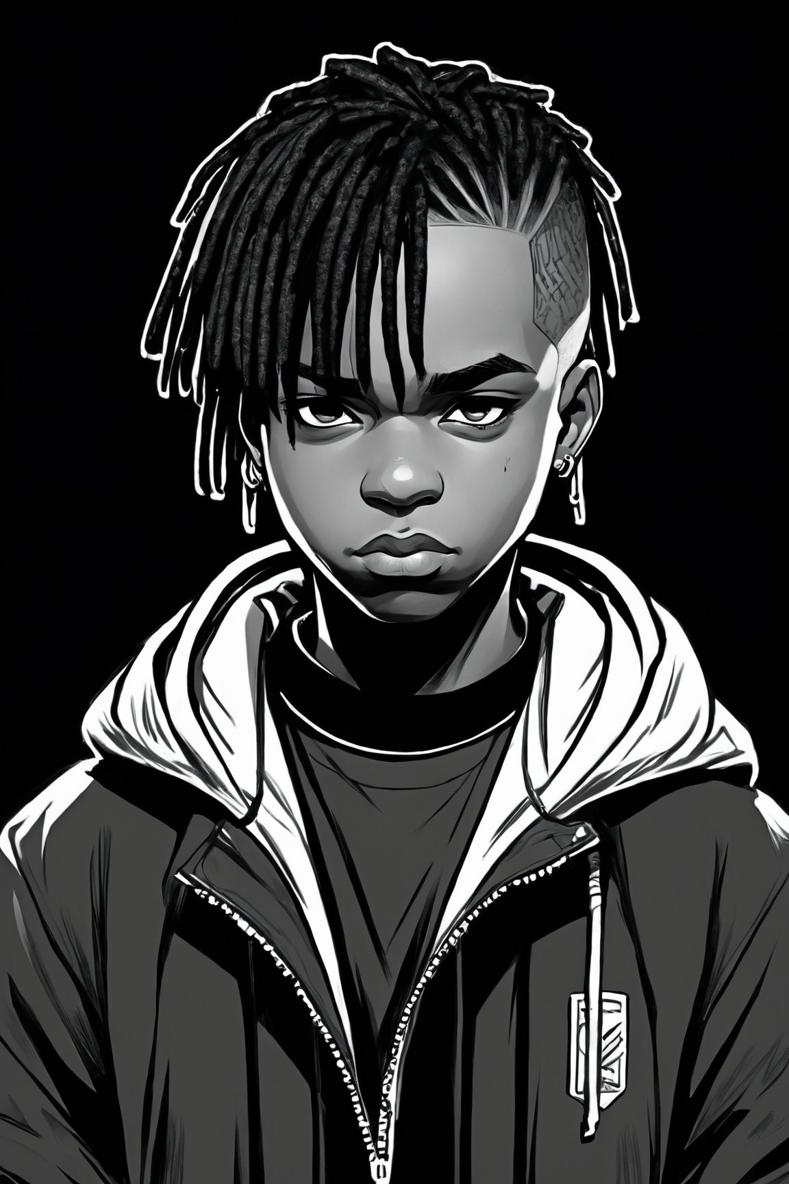 Manga style illustration, line art, pencil art, solo,looking at viewer,short hair,bangs,simple background,1boy,closed mouth,jacket,monochrome,male focus,alternate costume,dark skin,hood,hoodie,piercing,border,dark-skinned male,hood down,portrait,official alternate hairstyle,dreadlocks