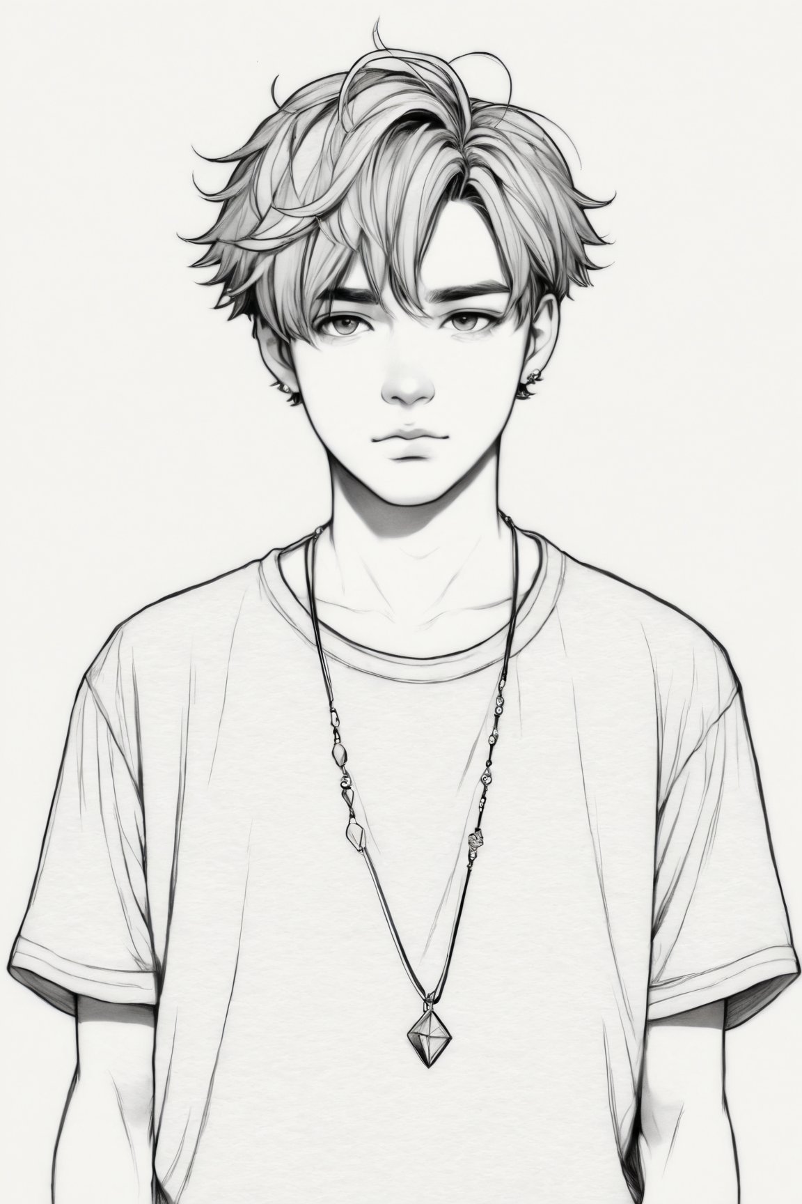 Manga style illustration, line art, pencil art, solo,looking at viewer,short hair,simple background,shirt,1boy,white background,jewelry,closed mouth,monochrome,upper body,short sleeves,greyscale,male focus,necklace,sketch,expressionless,t-shirt,messy hair
