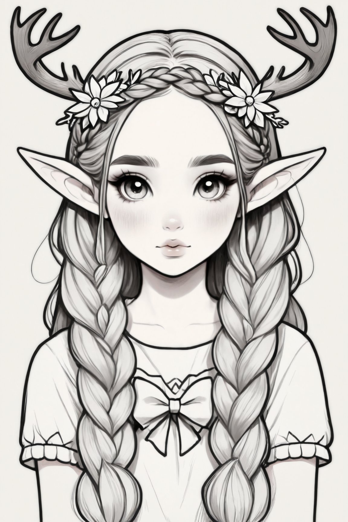 Manga style illustration, line art, pencil art, 1girl,solo,long hair,looking at viewer,blush,bangs,simple background,hair ornament,white background,bow,monochrome,upper body,braid,flower,hair bow,greyscale,hairband,pointy ears,hair flower,twin braids,lips,border,elf,antlers,reindeer antlers