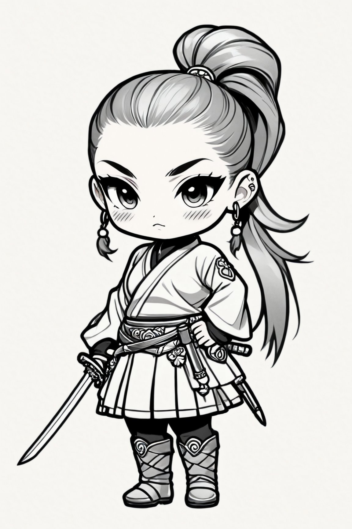 Manga style illustration, line art, pencil art, 1girl,solo,looking at viewer,long sleeves,white background,holding,jewelry,closed mouth,standing,monochrome,full body,ponytail,weapon,greyscale,earrings,sword,chibi,holding weapon,blush stickers,holding sword,sandals,katana