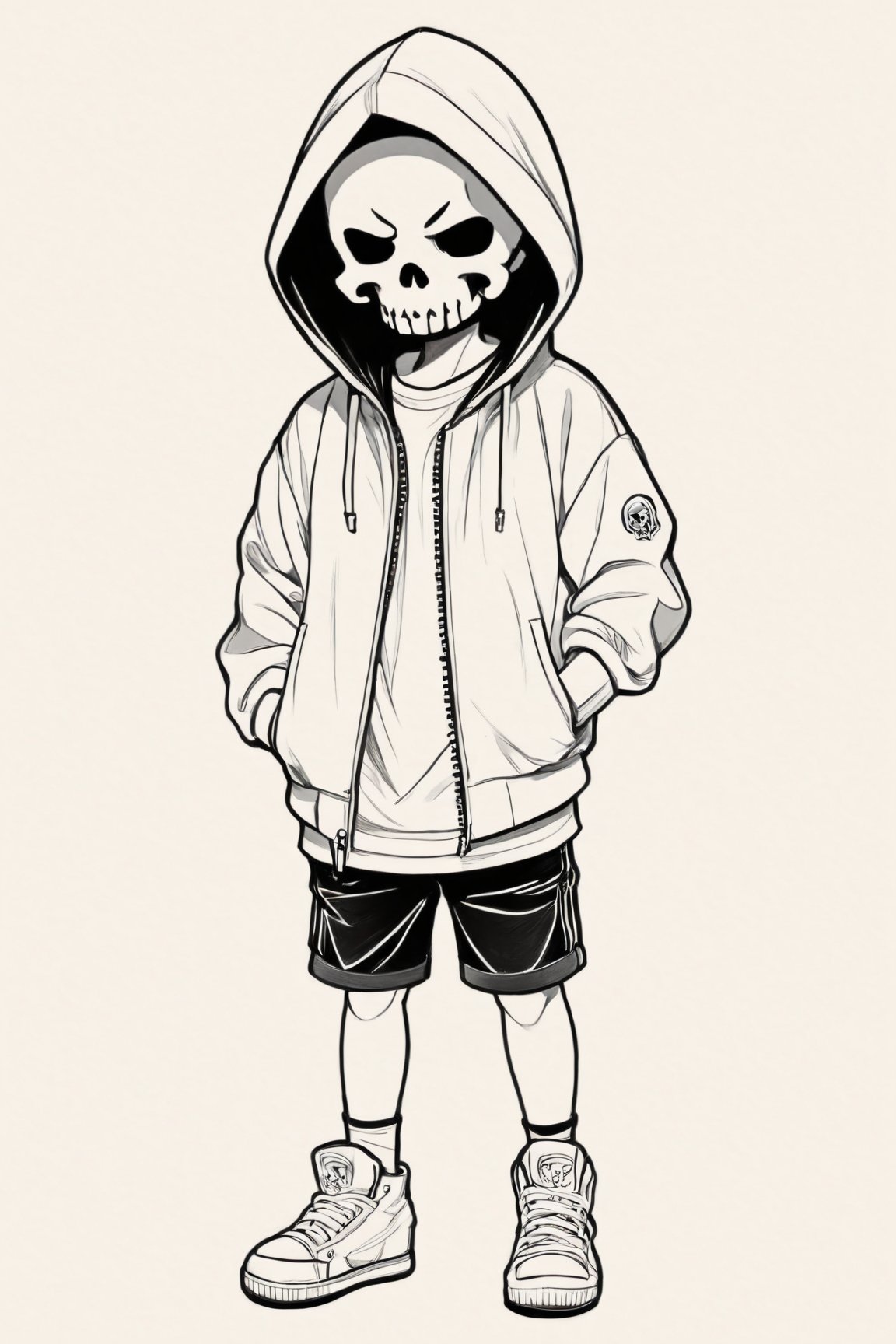 Manga style illustration, line art, pencil art, solo,looking at viewer,blush,simple background,1boy,white background,standing,monochrome,full body,male focus,shoes,shorts,hood,hoodie,child,skull,male child