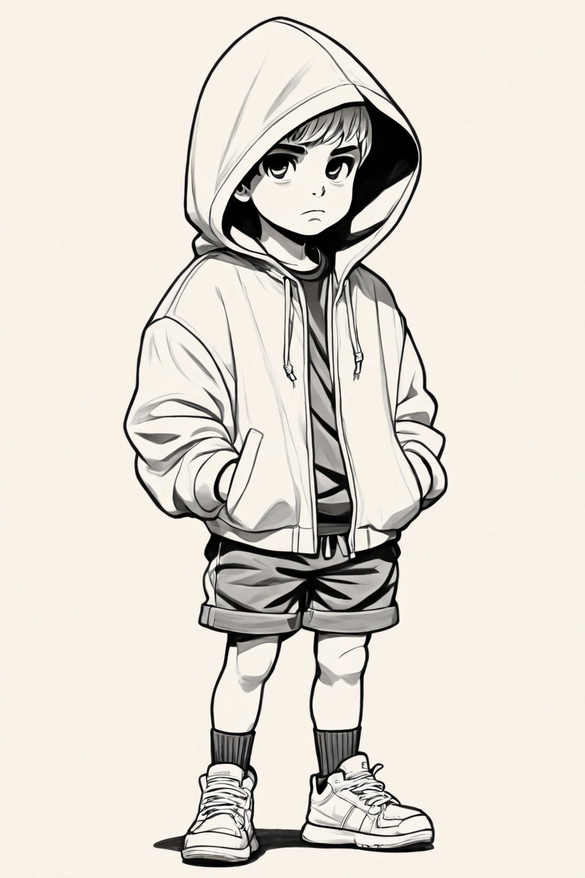 Manga style illustration, line art, pencil art, solo,looking at viewer,blush,simple background,1boy,white background,standing,monochrome,full body,male focus,shoes,shorts,hood,hoodie,child,skull,male child