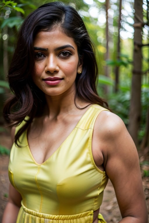 A photo of a pretty woman with long hair, bored, She wears a sleeveless blouse with colorful patterns, armpits, closeup portrait, 85mm lens, (analog, cinematic, film grain:1.3), (walking on a forest trail), ((detailed eyes)), (epicPhoto), (color picture:1.1), makeup, (looking at viewer),SaiPallavi 