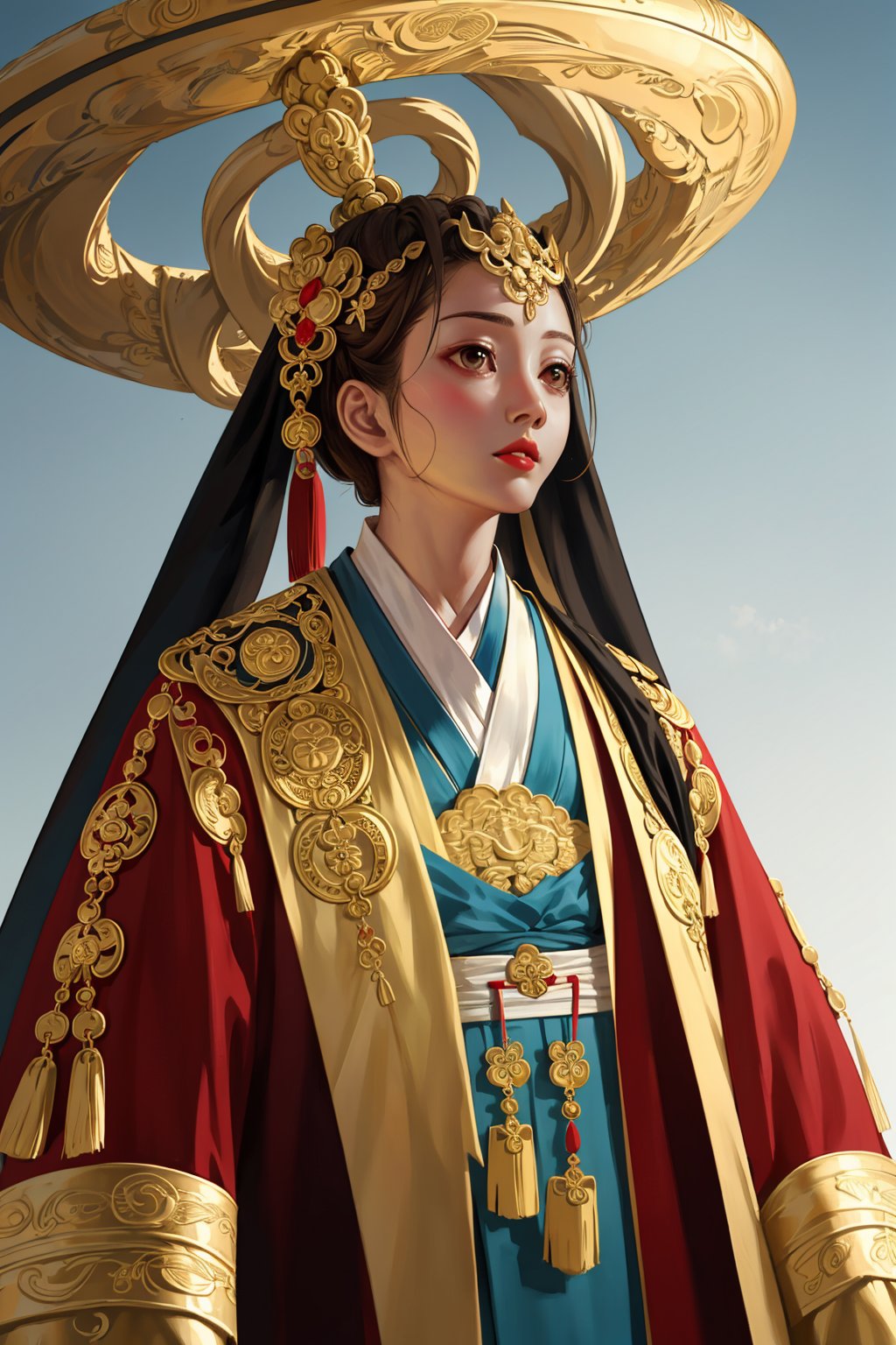 Mam_BA_style_lora_by_niolas, 1girl, solo, brown hair, hair ornament, long sleeves, brown eyes, weapon, sky, chinese clothes, hair rings, realistic, hanfu<lora:EMS-307284-EMS:0.600000>