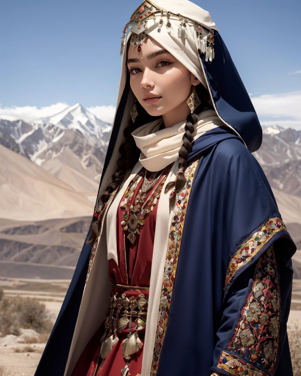 best quality,masterpiece,highly detailed,ultra-detailed, ornate clothes, <lora:neg4all_bdsqlsz_V3.5:-1>,  <lora:centralasia:1.3>1girl,( centralasia:1.3), from side, long hair, looking at viewer, multiple braids, realistic, ring, robe, solo,( traditional clothes:1.3), hair ornament, earrings, necklace, hooded cloak,  the tunic and loose trousers ensemble forms part of traditional costume. Men will wear turbans or hats with their tunics and sirwals whilst women will wear scarves or hats.
