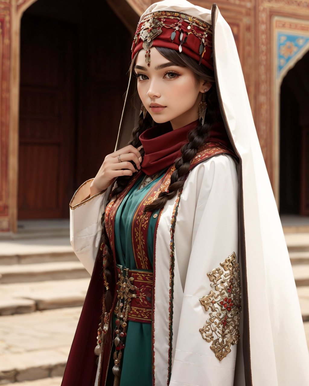 best quality,masterpiece,highly detailed,ultra-detailed, ornate clothes, <lora:neg4all_bdsqlsz_V3.5:-1>,  <lora:centralasia:1.3>1girl,( centralasia:1.3), from side, long hair, looking at viewer, multiple braids, realistic, ring, robe, solo,( traditional clothes:1.3), hair ornament, earrings, necklace, hooded cloak,  the tunic and loose trousers ensemble forms part of traditional costume. Men will wear turbans or hats with their tunics and sirwals whilst women will wear scarves or hats.