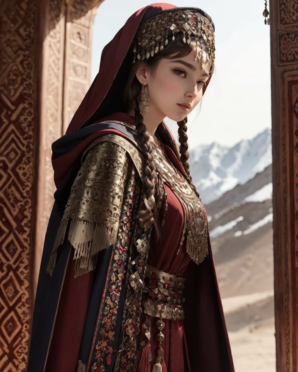 best quality,masterpiece,highly detailed,ultra-detailed, ornate clothes, <lora:neg4all_bdsqlsz_V3.5:-1>,  <lora:centralasia:1.3>1girl,( centralasia:1.3), from side, long hair, looking at viewer, multiple braids, realistic, ring, robe, solo,( traditional clothes:1.3), hair ornament, earrings, necklace, hooded cloak,  