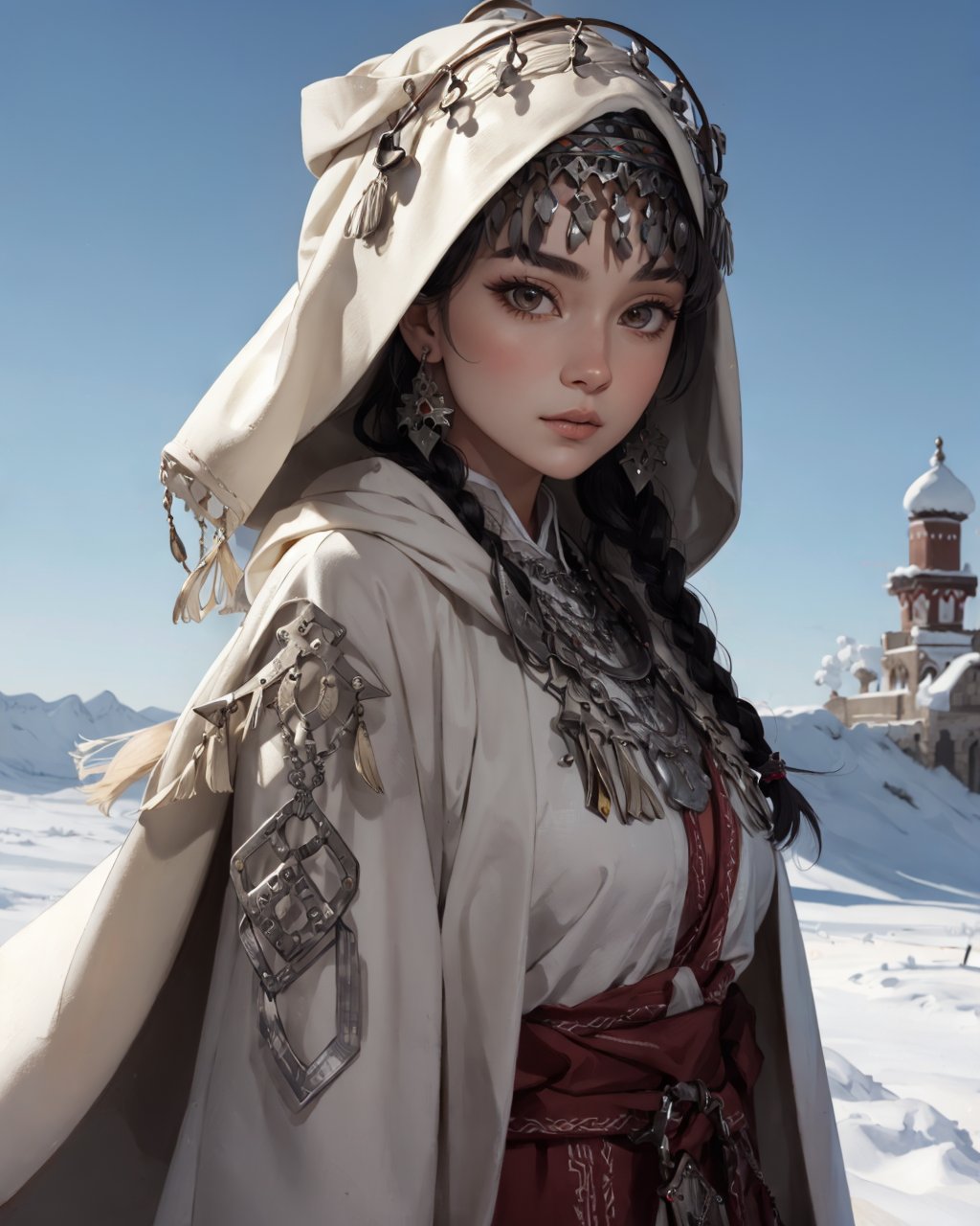 best quality,masterpiece,highly detailed,ultra-detailed, ornate clothes, <lora:neg4all_bdsqlsz_V3.5:-1>,<lora:de-photo-er_8:0.5><lora:cartoonisationer:0.5>   <lora:centralasia:1>1girl, centralasia, from side, long hair, looking at viewer, multiple braids, realistic, ring, robe, solo, traditional clothes, hair ornament, earrings, necklace, hooded cloak,  <lora:BrideStory:1>  , 
