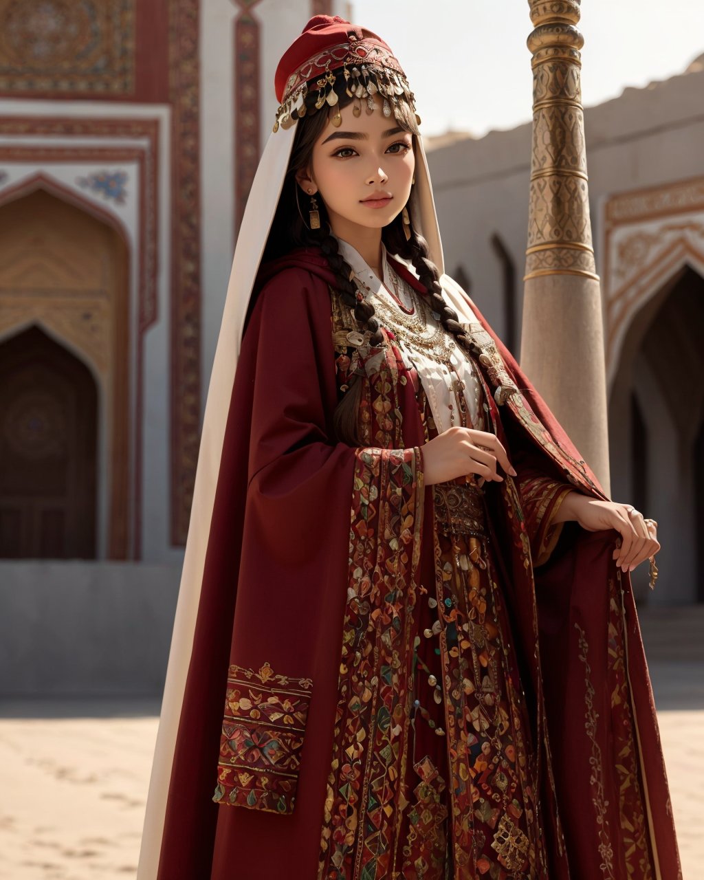 best quality,masterpiece,highly detailed,ultra-detailed, ornate clothes, <lora:neg4all_bdsqlsz_V3.5:-1>,  <lora:centralasia:1.3>1girl,( centralasia:1.3), from side, long hair, looking at viewer, multiple braids, realistic, ring, robe, solo,( traditional clothes:1.3), hair ornament, earrings, necklace, hooded cloak,  the tunic and loose trousers ensemble forms part of traditional costume. turbans or hats with their tunics and sirwals whilst women will wear scarves or hats.