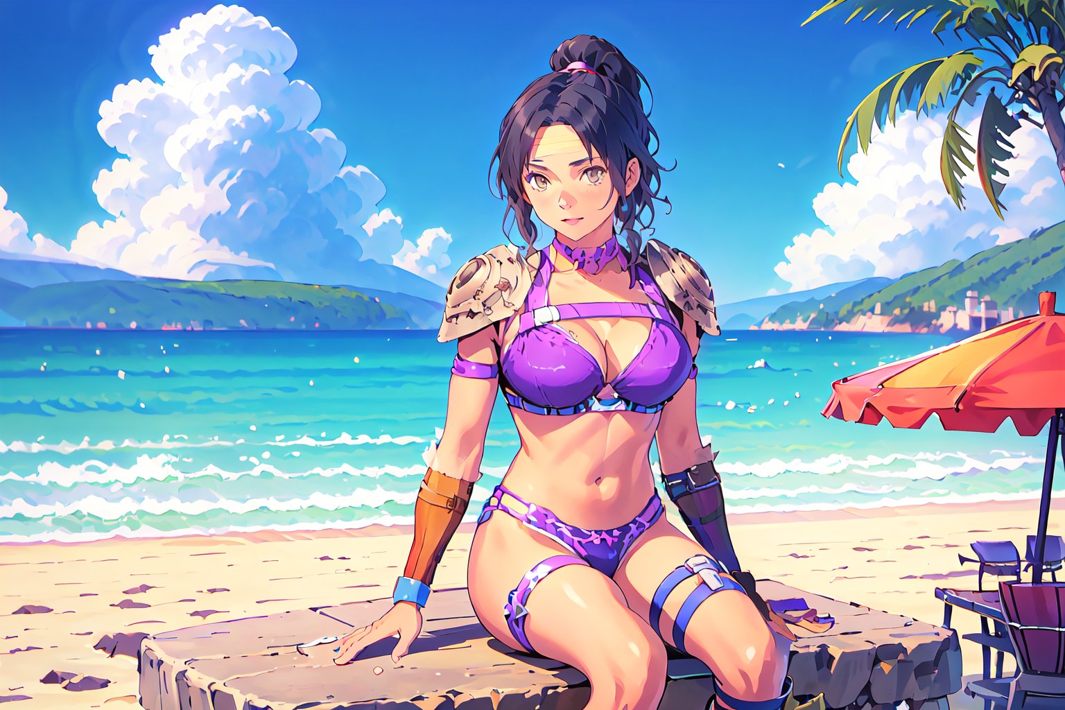 {best quality},masterpiece,illustration,portrait,(solo),best quality,black_hair,dark skin,dark_skin_female,high ponytail,brown eyes,bikini armor,headband,arm guards,pauldrons,thigh strap,large_breasts,incredibly absurdres,high detail eyes,
sit on rock,outdoors,beach,cloud,palm_trees,buttocks,full_body