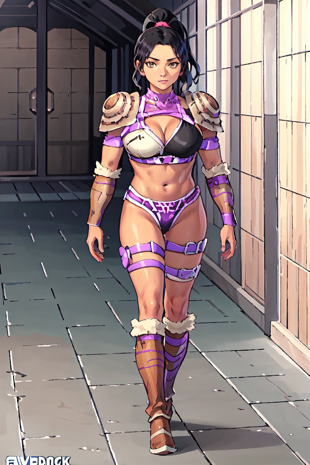 {best quality},masterpiece,illustration,portrait,(solo),best quality,ninja,black_hair,dark skin,dark_skin_female,high ponytail,brown eyes,bikini armor,headband,arm guards,pauldrons,midriff,thigh strap,large_breasts,,boots,incredibly absurdres,high detail eyes,standing,indoors,buttocks,low-angle_shot