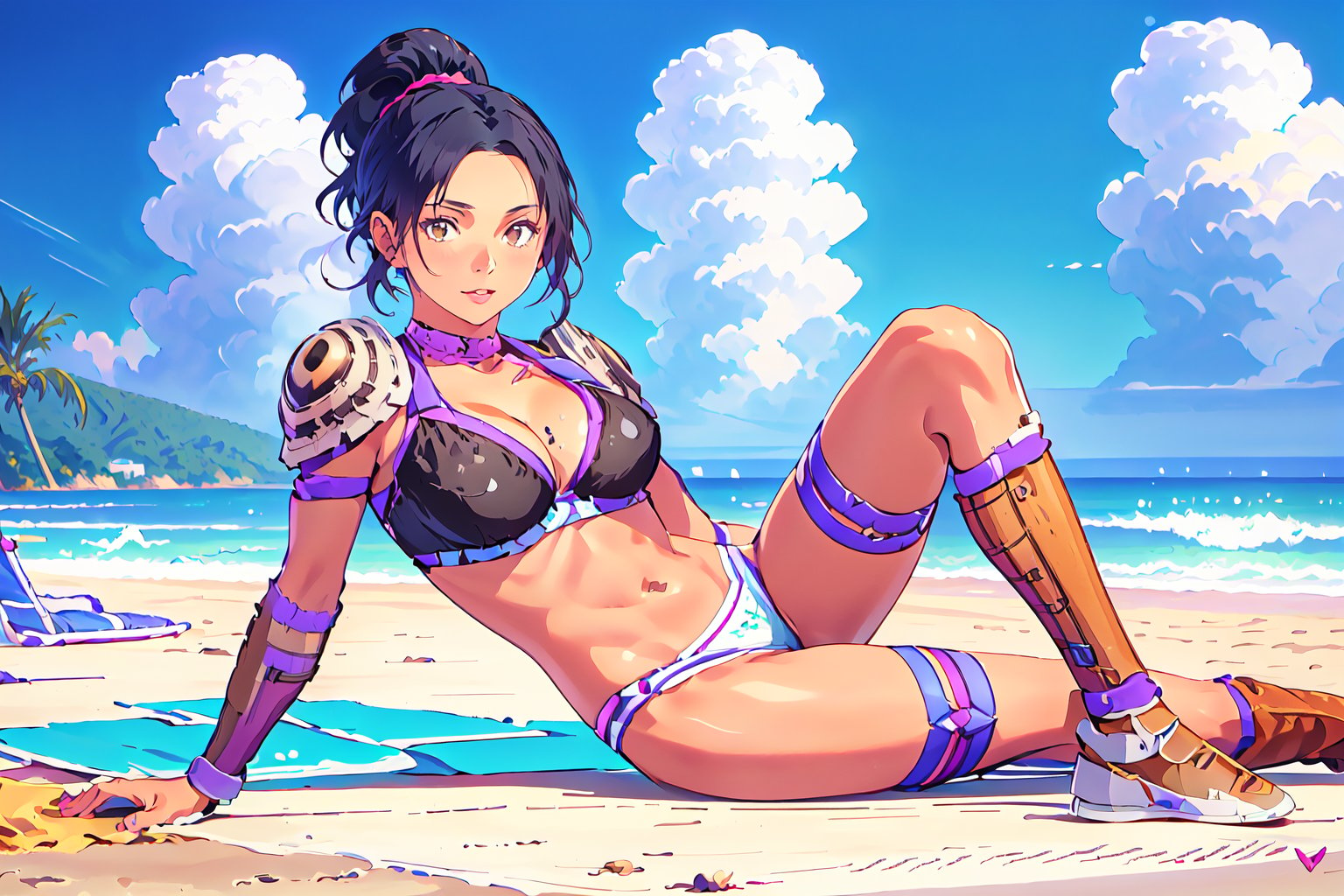 {best quality},masterpiece,illustration,portrait,(solo),best quality,black_hair,dark skin,dark_skin_female,high ponytail,brown eyes,bikini armor,headband,arm guards,pauldrons,thigh strap,large_breasts,incredibly absurdres,high detail eyes,
sit sideways,outdoors,beach,cloud,palm_trees,buttocks,full_body