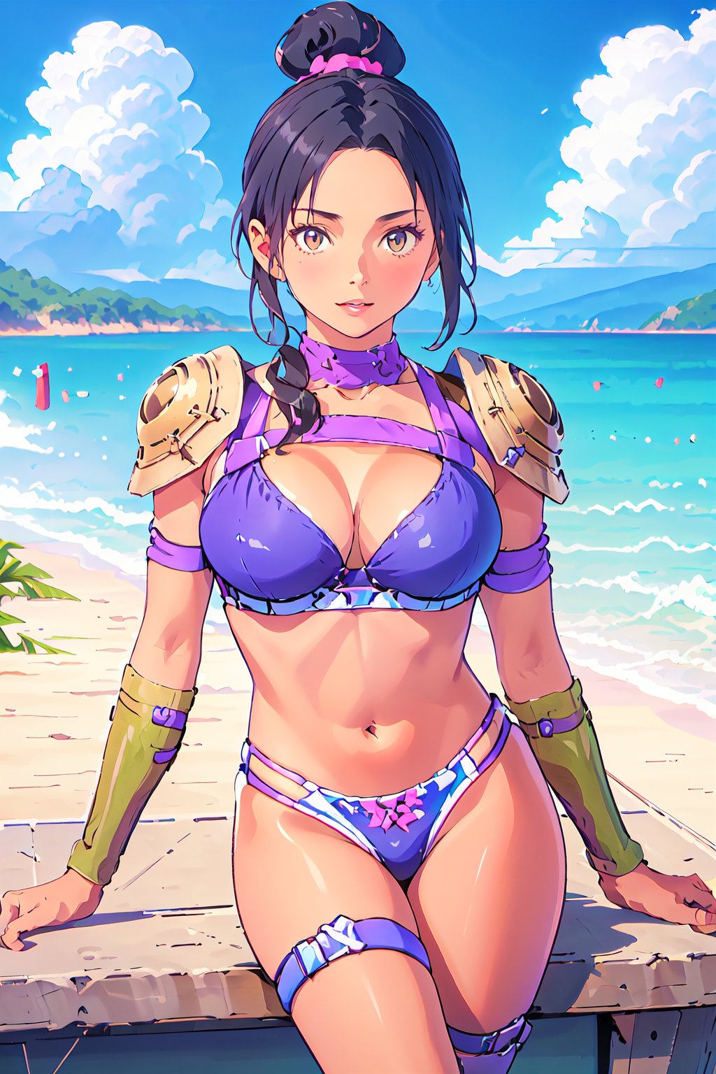 {best quality},masterpiece,illustration,portrait,(solo),best quality,black_hair,dark skin,dark_skin_female,high ponytail,brown eyes,bikini armor,headband,arm guards,bare_shoulder,midriff,thigh strap,large_breasts,incredibly absurdres,high detail eyes,
sit on rock,outdoors,beach,cloud,palm_trees,