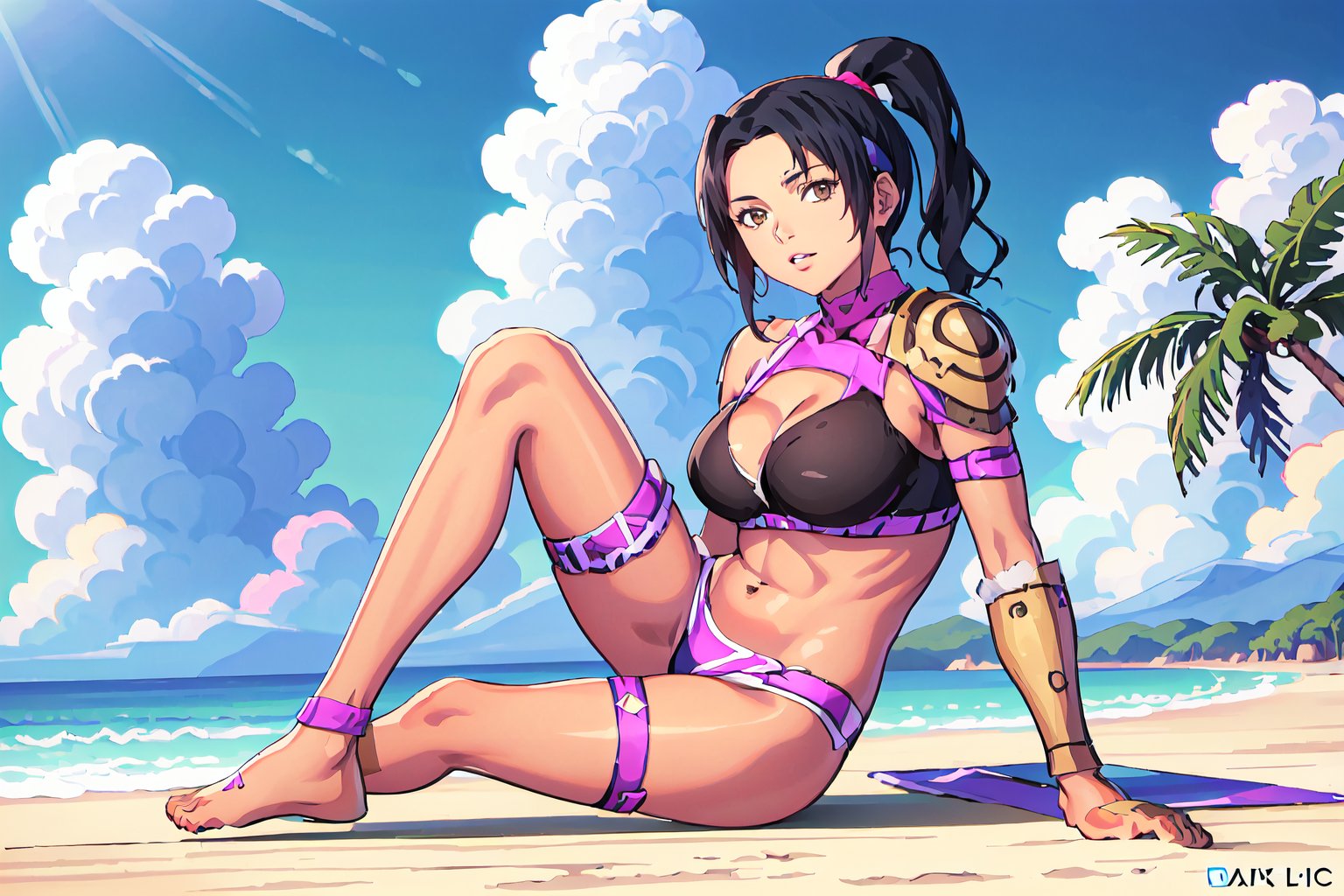 {best quality},masterpiece,illustration,portrait,(solo),best quality,black_hair,dark skin,dark_skin_female,high ponytail,brown eyes,bikini armor,headband,arm guards,(bare_shoulders),midriff,thigh strap,large_breasts,incredibly absurdres,high detail eyes,
sitting on rock,outdoors,beach,cloud,palm_trees,(full_body),bare_feet