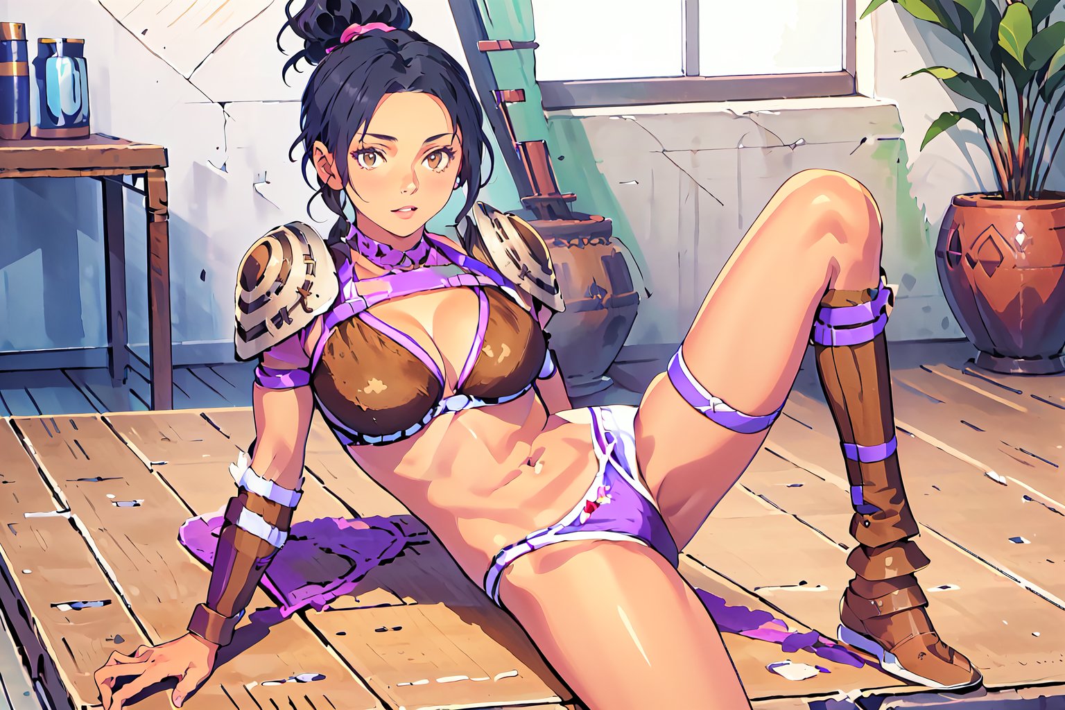 {best quality},masterpiece,illustration,portrait,(solo),best quality,black_hair,dark skin,dark_skin_female,high ponytail,brown eyes,bikini armor,headband,arm guards,pauldrons,thigh strap,large_breasts,incredibly absurdres,high detail eyes,
sit sideways,indoors,buttocks,full_body