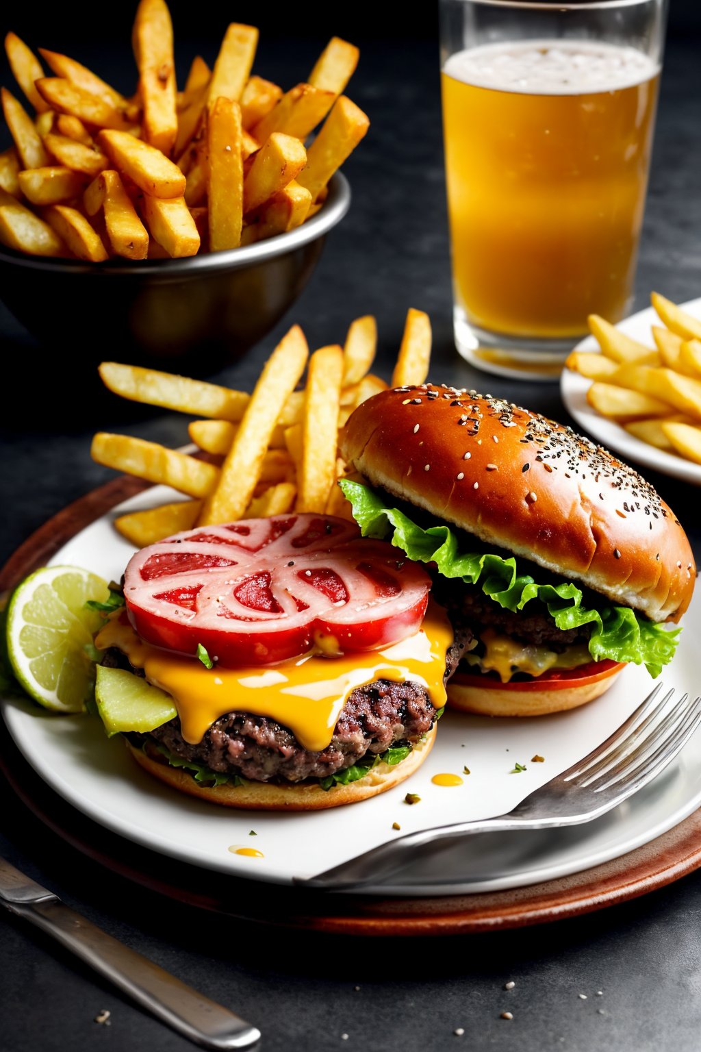 raw, photorealistic, real,  , juicy burger on plate and fries on side,
phenomenal image, too good, ,this is quality, sharp, perfect, beautiful, , ultrarealistic, soft lighting, 8k,  