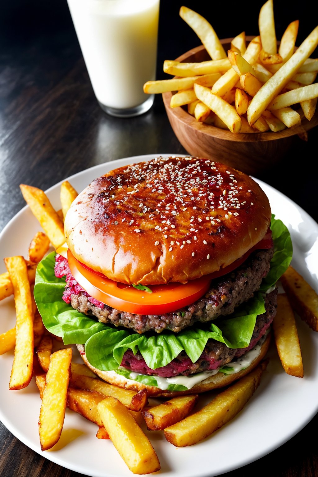 raw, photorealistic, real,  , juicy burger on plate and fries on side,
phenomenal image, too good, ,this is quality, sharp, perfect, beautiful, , ultrarealistic, soft lighting, 8k,  