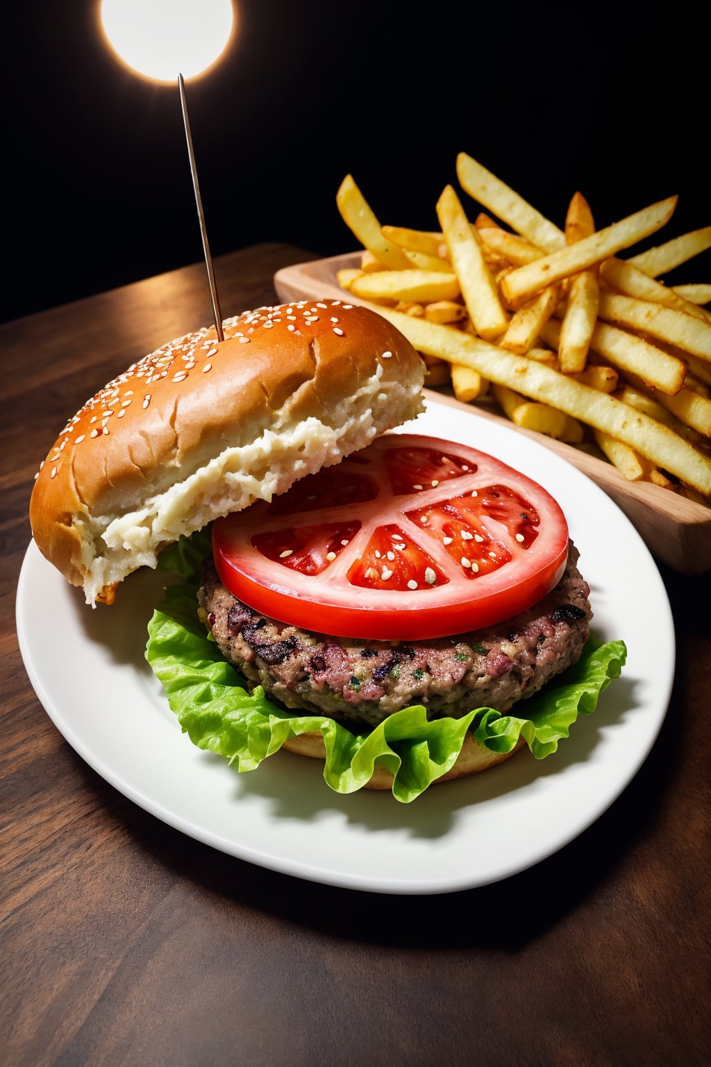 raw, photorealistic, real,  , juicy burger on plate and fries on side,
phenomenal image, too good, ,this is quality, sharp, perfect, beautiful, , ultrarealistic, soft lighting, 8k,  