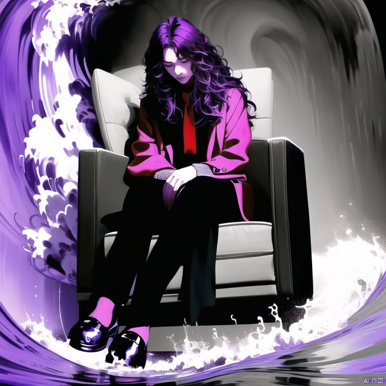 qzzd, 1boy, solo, sitting, male focus, long hair, chair, pants, black pants, closed eyes, water, purple hair, black footwear, jacket, blood, waves, masterpiece, best quality,
