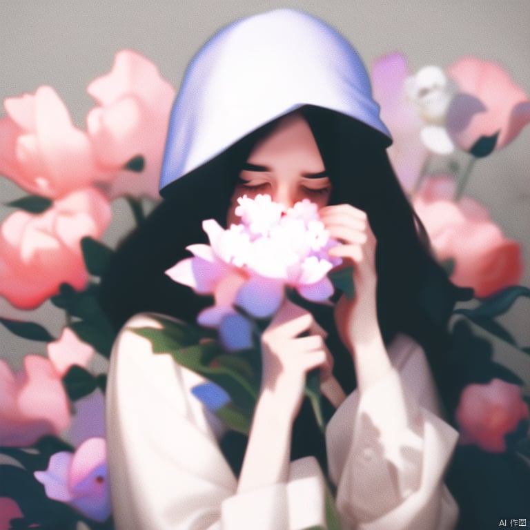 qzzd, solo, 1girl, flower, holding, upper body, holding flower, hat, white headwear, long sleeves, black hair, white shirt, shirt, closed eyes, pink flower