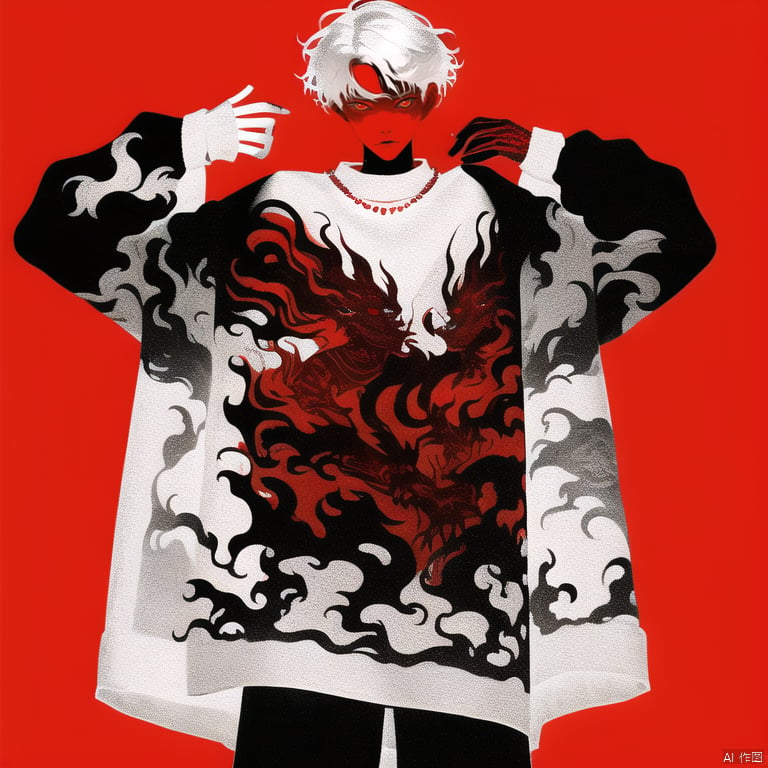  qzzd, 1boy, male focus, solo, long sleeves, cowboy shot, jewelry, short hair, red background, white hair, sweater, red eyes, necklace, pants, looking at viewer, sleeves past wrists, shirt, standing