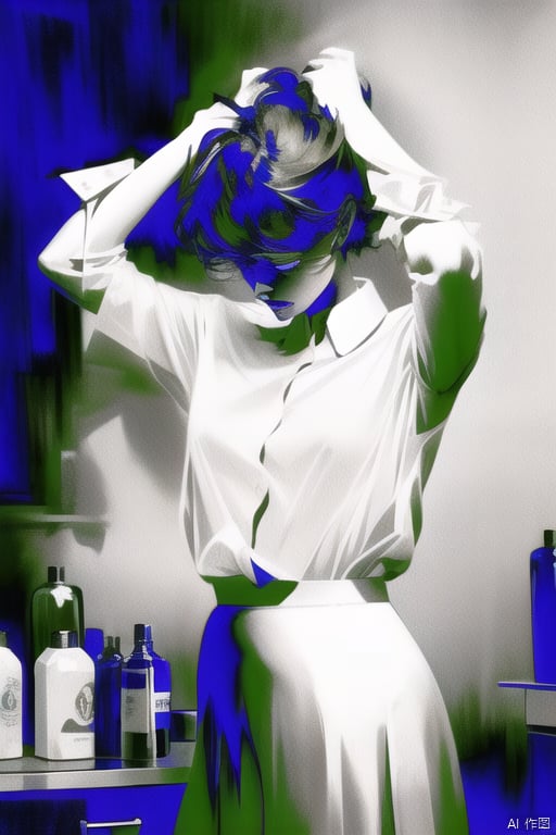 qzzd, solo, shirt, blue theme, skirt, arms up, 1girl, collared shirt, short sleeves, hands up, cowboy shot, short hair, mirror, white shirt, shirt tucked in, standing