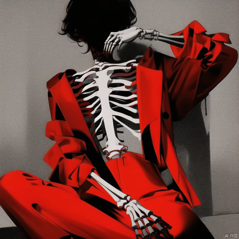  qzzd, solo, male focus, 1boy, sitting, skeleton, red pants, pants, red jacket, long sleeves, jacket, knee up