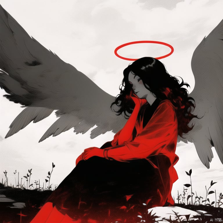 qzzd,halo,long hair,solo,wings,sitting,black hair,outdoors,1girl,angel,cloud,feathered wings,hands on own knees,,, masterpiece, best quality,
