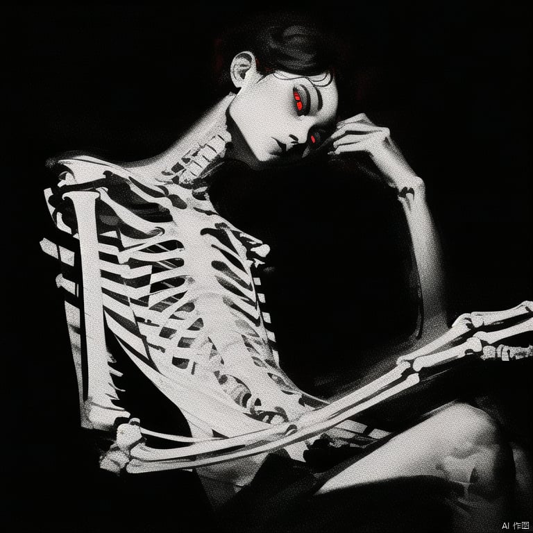 qzzd, solo, skeleton, red eyes, sitting, 1girl, short hair, black background, black hair, bone, ribs, spine, 1boy