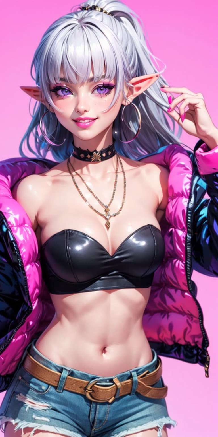 (1girl), (pink background), vibrant colors, (long_hair, half_ponytails, blunt bangs, grey_hair, white_hair), purple_eyes, small breasts, bare_shoulder, (puffers jacket, black crop tube top), (white background), choker, necklaces, short pants, denim, cutoffs, navel, jewelry, makeup, pointy_ears, hoop_earrings, elf, belt, (,thicc) ,High detailed ,Color magic, Saturated colors,Color saturation,Selenastun, grin, 