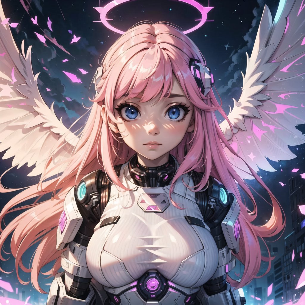 ((masterpiece, best quality, extremely detailed), volumetric lighting, ambient occlusion, colorful, glowing),

1girl, pink hair, long hair, halo, aura, sacred, godness, cyber suit, (white outfit:1.3), android, bot, angel wings, outdoors, night, sky, clouds, moon, stars, (cyberpunk theme), (Cyborg theme),
 
close up, upper body,