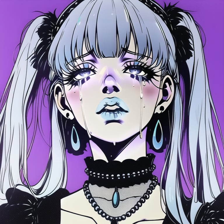 qzfp, 1girl, solo, jewelry, earrings, twintails, blue eyes, long hair, parted lips, blue hair, white hair, bangs, portrait, choker, purple theme, eyelashes, crying, tears, necklace, masterpiece, best quality,