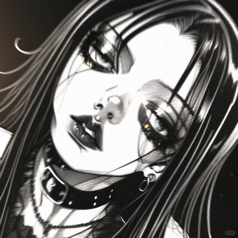 qzfp, solo, long hair, 1girl, choker, piercing, jewelry, looking at viewer, lips, dutch angle, portrait, black background, lip piercing, necklace, parted lips, Line drawing, black-and-white painting, Dejected, masterpiece, best quality,