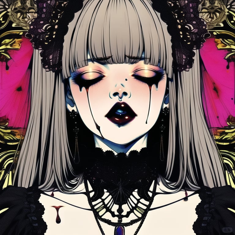 qzfp,1girl,solo,jewelry,bangs,earrings,makeup,lipstick,closed eyes,abstract,blunt bangs,necklace,upper body,Gothic,butterfly,Shed tears,Blood stains,<lora:qzfp-000008:1>,, masterpiece, best quality,