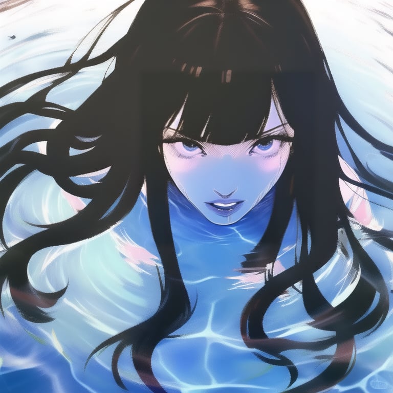 qzfp, solo, 1girl, water, black hair, oekaki, long hair, looking at viewer, parted lips, ripple, masterpiece, best quality,