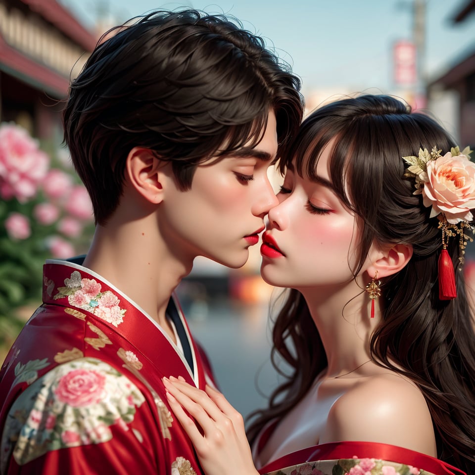 1girl, long hair, blush, short hair, bangs, brown hair, black hair, hair ornament, 1boy, bare shoulders, jewelry, closed eyes, upper body, flower, hetero, earrings, parted lips, japanese clothes, hair flower, kimono, off shoulder, blurry, from side, eyelashes, profile, makeup, depth of field, blurry background, bird, animal, chinese clothes, couple, kiss, tassel, backlighting, red lips, hair stick, imminent kiss, peony (flower)
