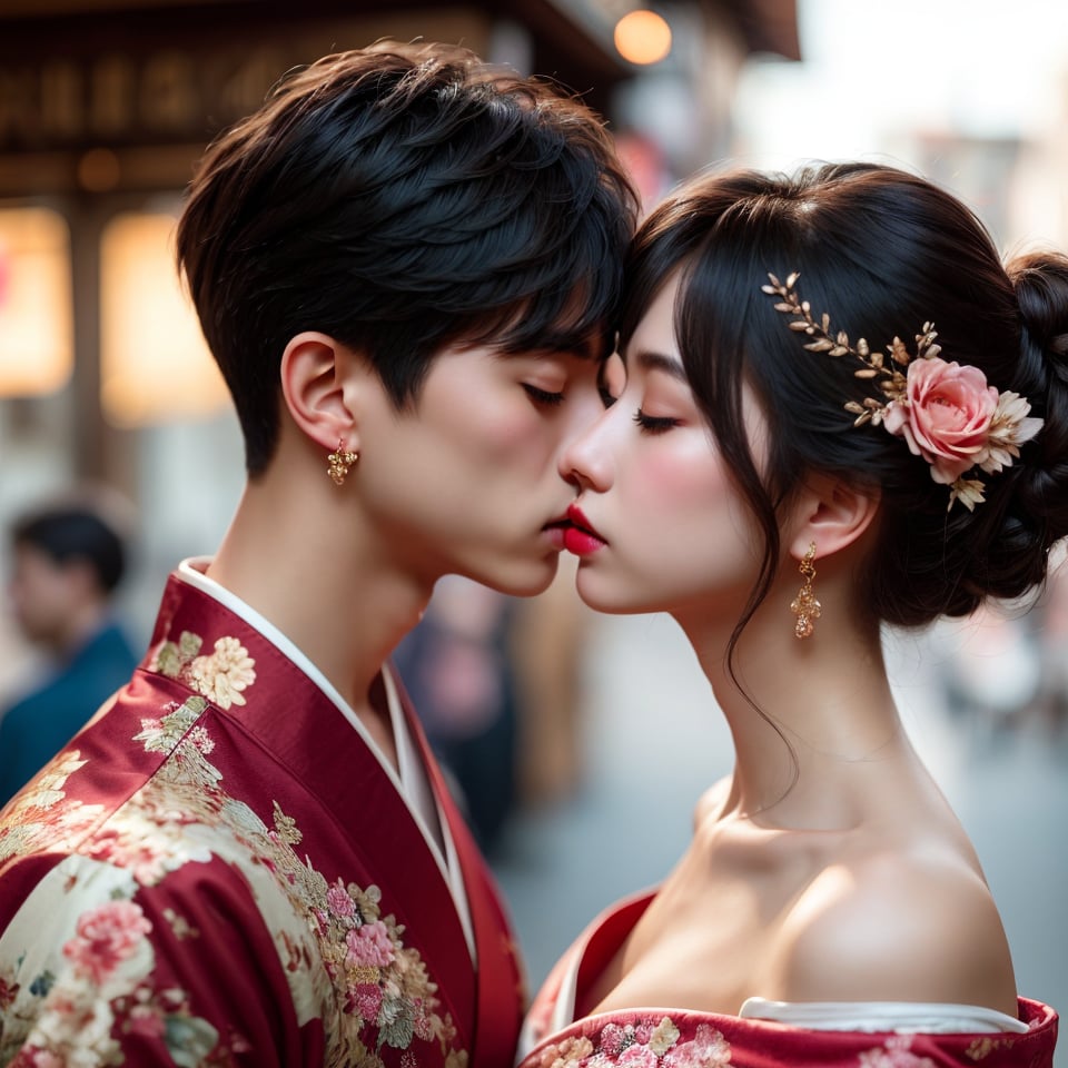 1girl, long hair, blush, short hair, bangs, brown hair, black hair, hair ornament, 1boy, bare shoulders, jewelry, closed eyes, upper body, flower, hetero, earrings, parted lips, japanese clothes, hair flower, kimono, off shoulder, blurry, from side, eyelashes, profile, makeup, depth of field, blurry background, bird, animal, chinese clothes, couple, kiss, tassel, backlighting, red lips, hair stick, imminent kiss, peony (flower)
