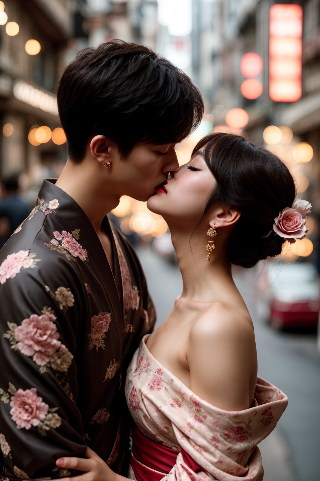 1girl, long hair, blush, short hair, bangs, brown hair, black hair, hair ornament, 1boy, bare shoulders, jewelry, closed eyes, upper body, flower, hetero, earrings, parted lips, japanese clothes, hair flower, kimono, off shoulder, blurry, from side, eyelashes, profile, makeup, depth of field, blurry background, bird, animal, chinese clothes, couple, kiss, tassel, backlighting, red lips, hair stick, imminent kiss, peony (flower)
