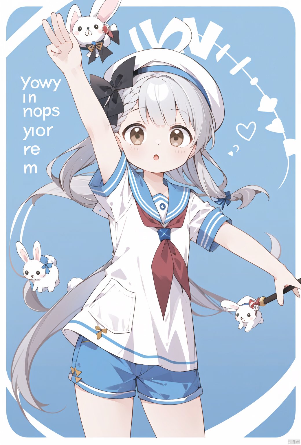  1girl, solo, long hair, bangs, shirt, hat, bow, ribbon, animal ears, twintails, brown eyes, very long hair, hair ribbon, white shirt, braid, short sleeves, grey hair, parted lips, shorts, sailor collar, :o, arm up, english text, short shorts, fake animal ears, low twintails, beret, white headwear, stuffed toy, stuffed animal, hair over shoulder, blue shorts, stuffed bunny, animal hat, braided bangs, hisakawa nagi