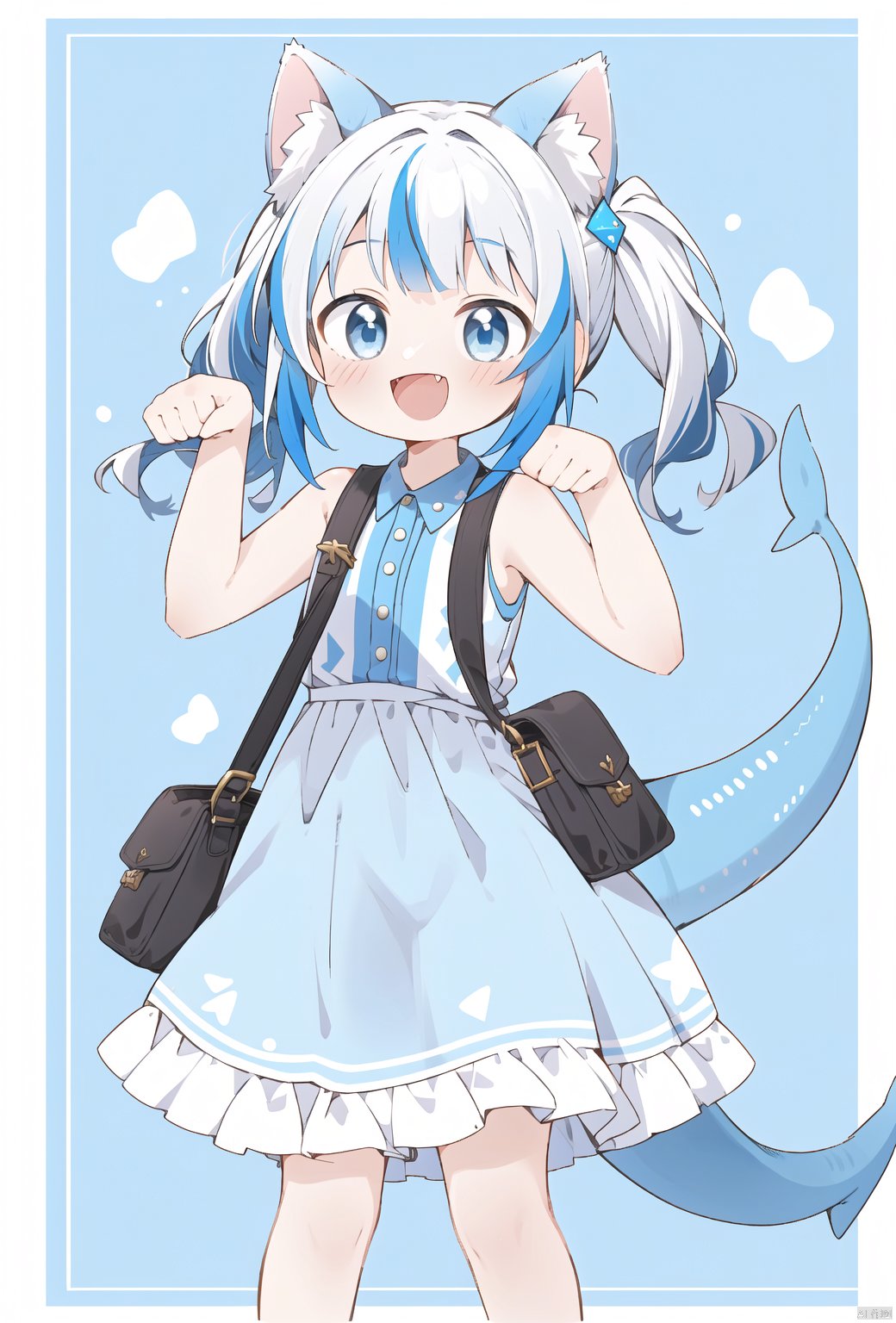 1girl, solo, looking at viewer, blush, smile, open mouth, bangs, blue eyes, shirt, dress, animal ears, twintails, blue hair, tail, white shirt, :d, grey hair, multicolored hair, frills, teeth, sleeveless, virtual youtuber, cat ears, bag, side ponytail, official alternate costume, streaked hair, animal ear fluff, hands up, sleeveless dress, blue dress, upper teeth only, blue background, sharp teeth, paw pose, shoulder bag, fish tail, shark tail, shark girl, cube hair ornament, gawr gura