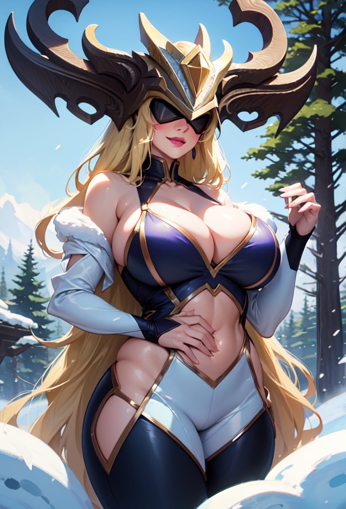 rounded boobs, big boobs, huge boobs, high resolution, 1girl, looking at camera, thick thighs, thin waist, standing, smile, blush, (mature female), lips, long braided hair, blonde hair, (covered eyes), (helmet over eyes), pine tree in background, falling snow, coven lissandra, white helmet