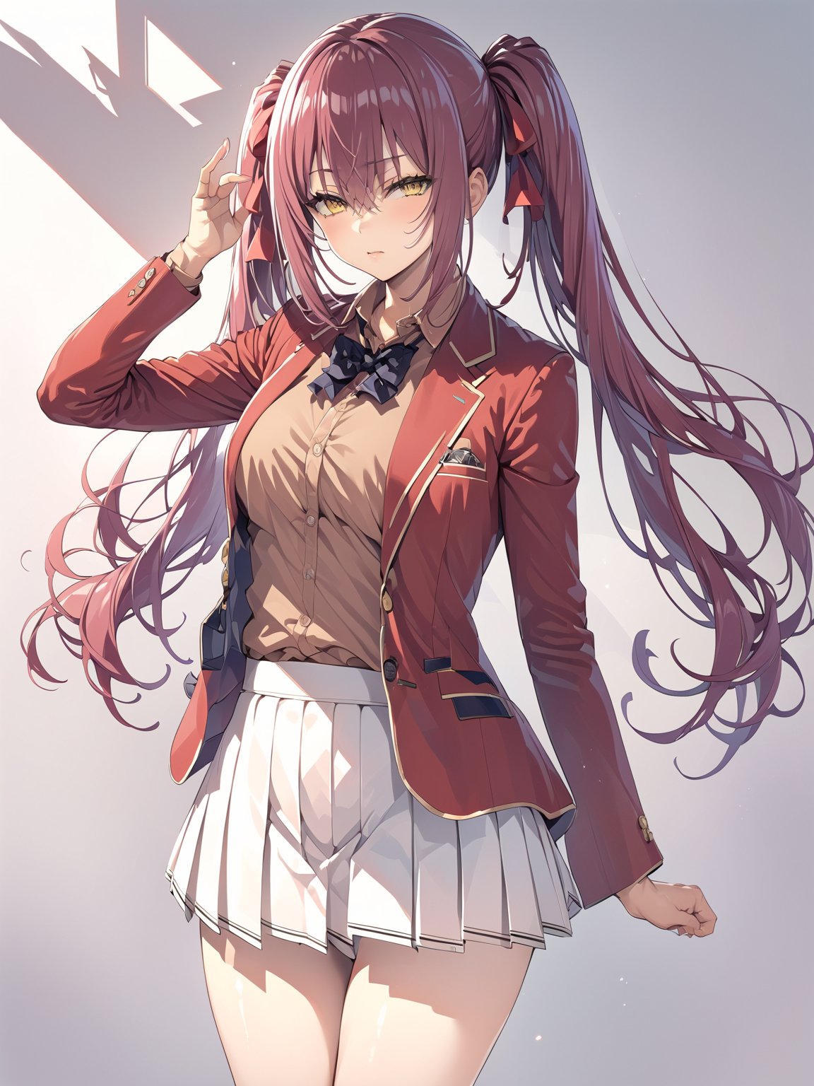 //Quality,
masterpiece, best quality, detailed
,//Character,
1girl, solo, AmasawaIchika, yellow eyes, long hair, twintails, medium breasts, bangs, hair between eyes, shiny hair, 
,//Fashion,
school uniform, red jacket, blazer, open jacket, long sleeves, open clothes, collared shirt, brown shirt, bowtie, hair ribbon, red ribbon, pleated skirt, white skirt, miniskirt, black footwear, black socks, loafers
,//Background,
,//Others,
standing, full body, closed mouth, hand up, 